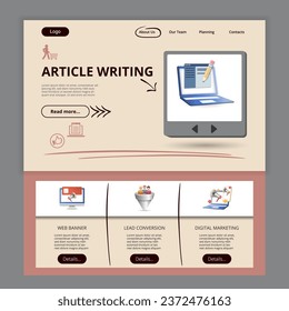 Article writing flat landing page website template. Web banner, lead conversion, digital marketing. Web banner with header, content and footer. Vector illustration.