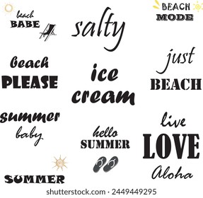 
articles about summer, sea, sand and sun, vacation, text, salty, ice cream, beach, hello summer, eps, vector
