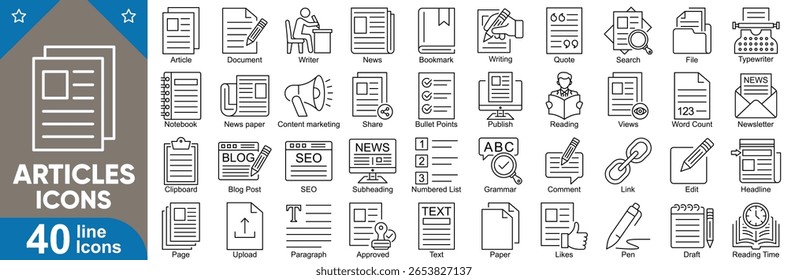 Ícones de artigos definidos. Ícones editáveis de linha de vetor para blog, notícias, redação, documento, conteúdo de publicação, relatório, publicação, bloco de anotações, texto e muito mais.