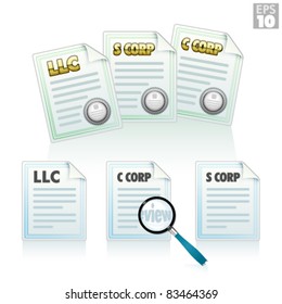 Articles of incorporation, LLC, S-corp, C-corp certificates and documents, magnifying glass for review