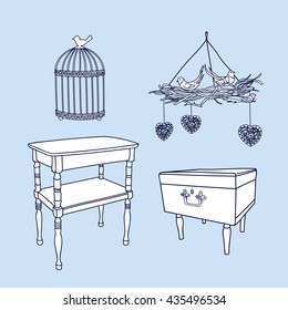 Articles of interior in provence style. Hand draw illustration.