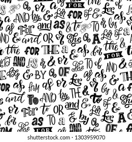 Articles, prepositions and ampersands seamless pattern. Vector font and lettering in monochrome endless texture. Calligraphy and English grammar elements inside wallpaper print, words and letters