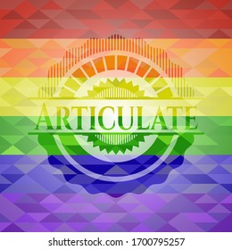 Articulate emblem on mosaic background with the colors of the LGBT flag