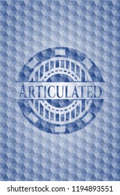Articulated blue badge with geometric pattern.
