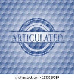 Articulated blue emblem with geometric pattern.