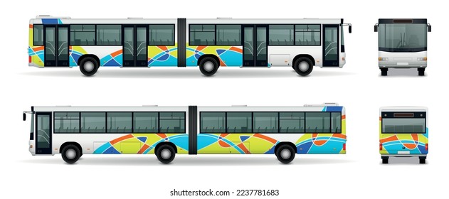 Articulated bus realistic set with city transport symbols isolated vector illustration