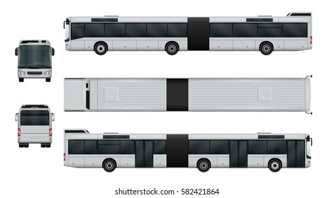 Articulated city bus vector template. Urban transport isolated on white. The ability to easily change the color. View from side, back, front, top. All sides in groups on separate layers