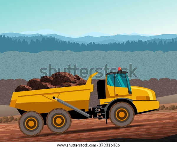 Articulated\
dump truck at work. Vector color\
illustration