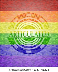 Articulated emblem on mosaic background with the colors of the LGBT flag