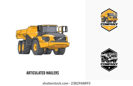 Ilustración de equipo pesado de Haulers articulados, Vehículos de carga pesada de Haulers articulados Logotipo Modelo de placa vectorial