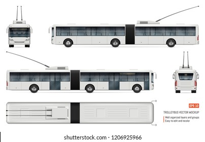 Articulated trolleybus vector mockup on white for vehicle branding, corporate identity. View from side, front, back, top. All elements in the groups on separate layers for easy editing and recolor.