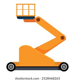 Articulating boom lift with empty basket standing still on white background, construction machinery used to lift heavy loads to high spots