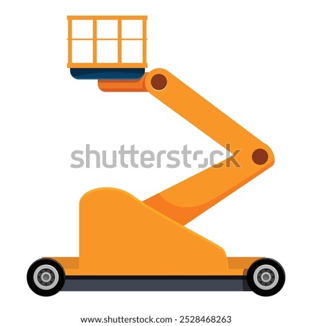 Articulating boom lift with empty basket standing still on white background, construction machinery used to lift heavy loads to high spots