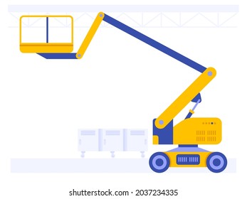 Articulating boom lift machine. Aerial lift platform with bendable. Professional building machines for construction and lifting worker to heights. Vector illustration isolated on white background