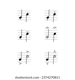 Articulation marks symbol set on staff flat vector isolated on white background. Musical symbol. Musical notation. Flashcard for learning music.