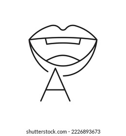 Icon-Design der Artikulationstherapie. Thin Outline Mouth and Letters Icon. Ein solches Zeilenzeichen wie Artikulation, Sprachtherapie, Sprechen oder Sprechen. Vektorgrafik