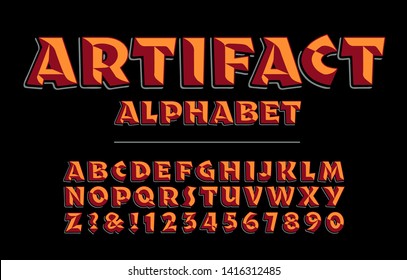 Artifact alphabet is a bold rough hewn lettering style with warm colors and 3d effects.