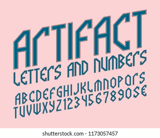 Artifact alphabet with numbers and currency symbols. Mythological style font.