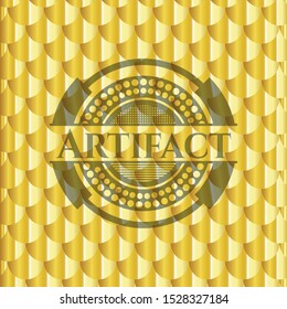 Artifact gold badge. Scales pattern. Vector Illustration. Detailed.
