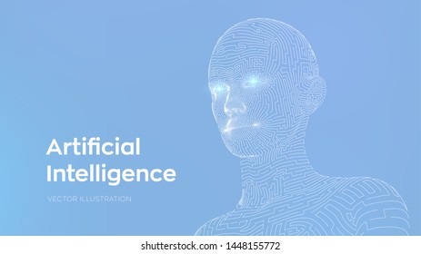 Artifactial intelligence concept. Ai digital brain. Abstract digital human face. Human head in robot computer interpretation. Robotics concept. Wireframe head concept. Vector illustration.