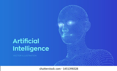 Artifactial intelligence concept. Ai digital brain. Abstract digital human face. Human head in robot computer interpretation. Robotics concept. Wireframe head concept. Vector illustration.