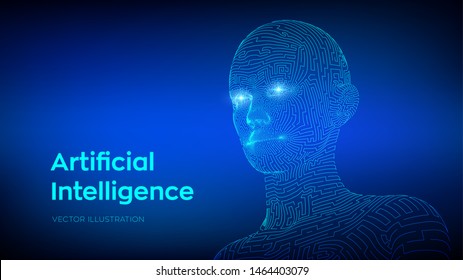 Artifactial intelligence concept. Ai digital brain. Abstract digital human face. Human head in robot computer interpretation. Robotics concept. Wireframe head concept. Vector illustration.