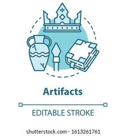 Artifacts concept icon. Ancient treasures. Museum exhibits. Archaeological old civilization evidences. Historical research. Vector isolated outline RGB color drawing. Editable stroke