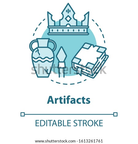 Artifacts concept icon. Ancient treasures. Museum exhibits. Archaeological old civilization evidences. Historical research. Vector isolated outline RGB color drawing. Editable stroke