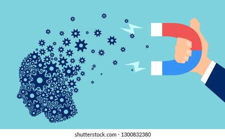 Artifial intelligence technology patent fraud concept. Vector of a human head made of gears and cogs being attracted with magnet by corporate business 