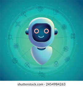 Iconos de inteligencia artificial (IA) en torno a un concepto de robot. Ilustración vectorial sobre fondo verde azulado