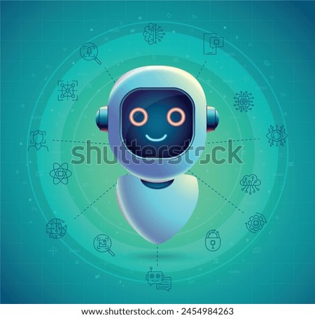 Artifical Intelligence (AI) icons around a robot concept. Vector illustration on teal green background