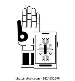 artifical intelligence concept cellphone with electronic circuit and cyborg hand icon cartoon vector illustration graphic design