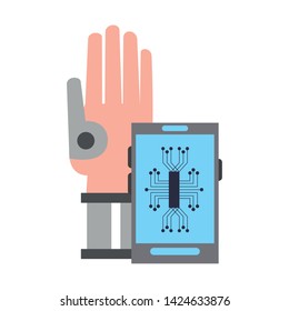 artifical intelligence concept cellphone with electronic circuit and cyborg hand icon cartoon vector illustration graphic design