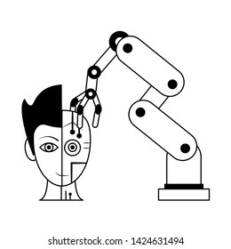 artifical intelligence concept with humanoide cyborg head and robotic arm icon cartoon vector illustration graphic design