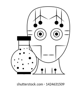artifical intelligence concept with humanoide cyborg head and chemical liquid into a balloon test tube icon cartoon vector illustration graphic design