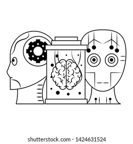 artifical intelligence concept with humanoide cyborg head and brain into maintenance cylinder icon cartoon vector illustration graphic design