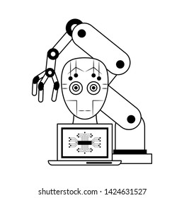 artifical intelligence concept with humanoide cyborg head, computer and robotic arm icon cartoon vector illustration graphic design