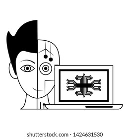 artifical intelligence concept with humanoide cyborg head and computer icon cartoon vector illustration graphic design