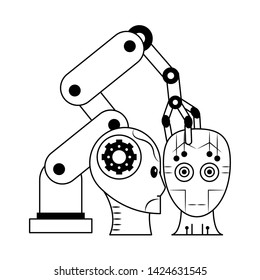 artifical intelligence concept with humanoide cyborg head and robotic arm icon cartoon vector illustration graphic design