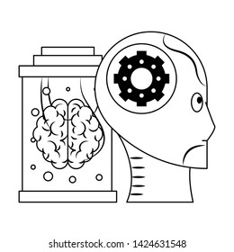 artifical intelligence concept with humanoide cyborg head and brain into maintenance cylinder icon cartoon vector illustration graphic design