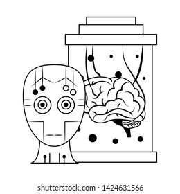 artifical intelligence concept with humanoide cyborg head and brain into maintenance cylinder icon cartoon vector illustration graphic design