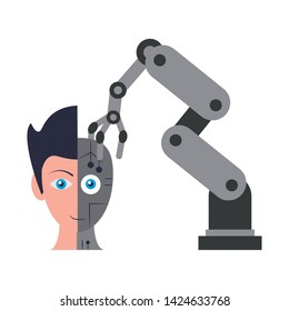 artifical intelligence concept with humanoide cyborg head and robotic arm icon cartoon vector illustration graphic design