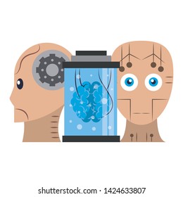 artifical intelligence concept with humanoide cyborg head and brain into maintenance cylinder icon cartoon vector illustration graphic design