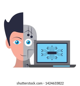 Artifical Intelligence Concept With Humanoide Cyborg Head And Computer Icon Cartoon Vector Illustration Graphic Design