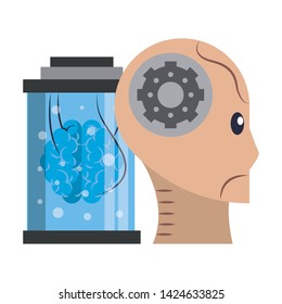 artifical intelligence concept with humanoide cyborg head and brain into maintenance cylinder icon cartoon vector illustration graphic design