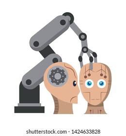 artifical intelligence concept with humanoide cyborg head and robotic arm icon cartoon vector illustration graphic design