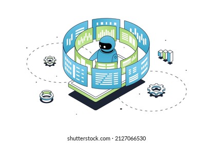 Artifical Intelligence Concept. Robot Works With Information, Futuristic Images And Employees. Automation And Innovation. Data Analysis And Marketing Research. Cartoon Flat Vector Illustration