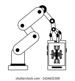artifical intelligence concept with robotic arm and cellphone with electronic circuit icon cartoon vector illustration graphic design