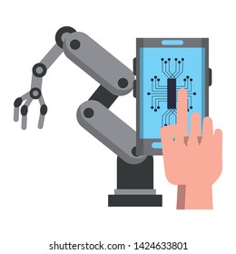 artifical intelligence concept with robotic arm and cellphone with electronic circuit icon cartoon vector illustration graphic design