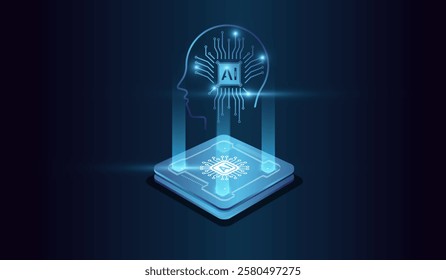 Artifical intelligence technology concept on Brightly glowing AI chip with light circuit board on technology vector. Computer microchip